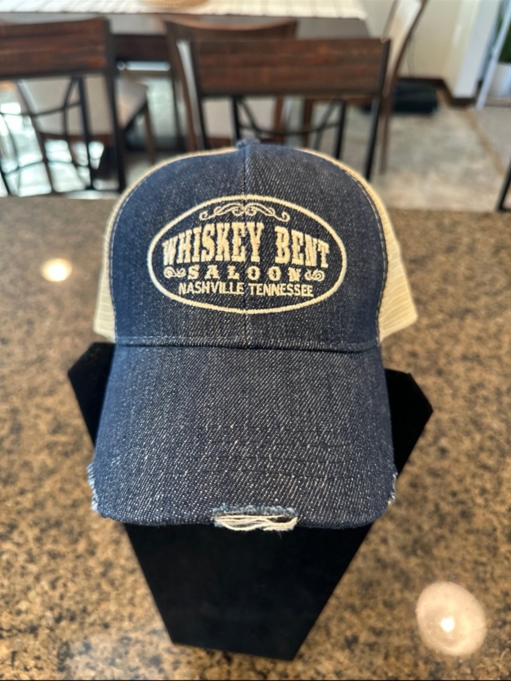 Whiskey Bent Saloon Nashville Embroidered Denim Trucker Hat - Blue & Cream